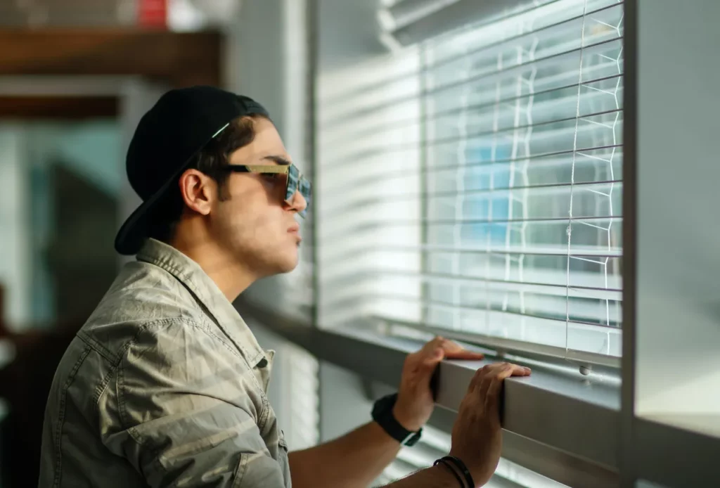 Person looking through window blinds inside a sunlit room.