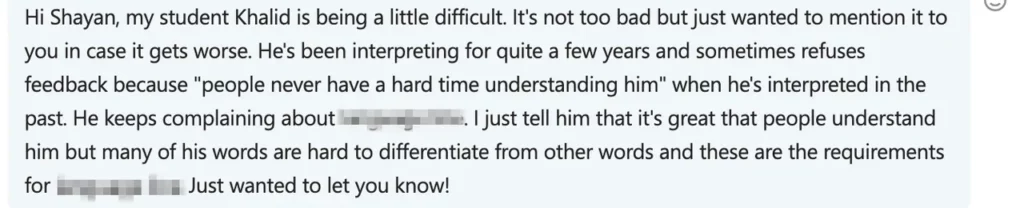 Text box containing a message about a student's behavior.