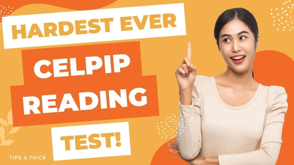 Woman gesturing beside CELPIP reading test banner.