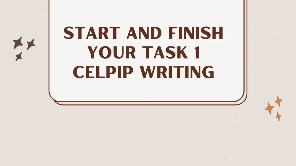 Text announcing CELPIP writing task with stars and beige background.