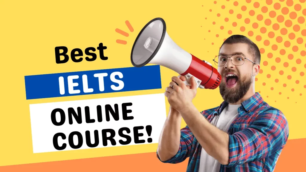 Man holding megaphone, promoting IELTS online course against yellow dotted backdrop.