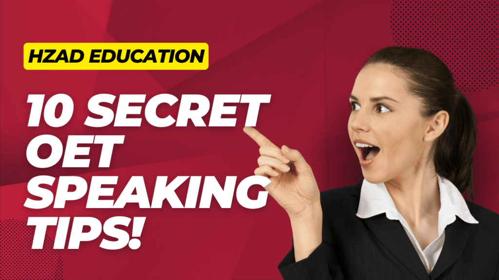 Woman pointing to text on a red background.