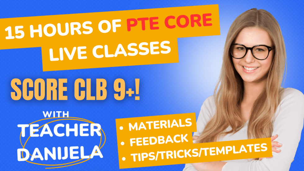 Smiling woman standing against blue background with text overlays.