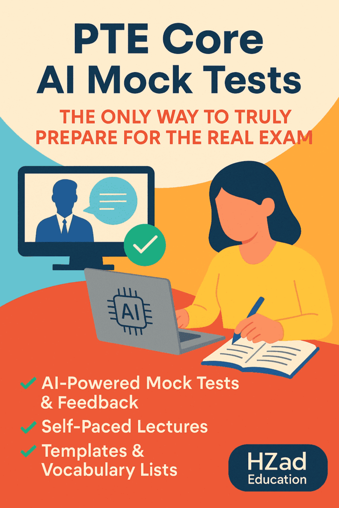 Prepare for PTE Core with AI mock tests that simulate the real exam. Includes templates, feedback & full course. Guaranteed improvement!