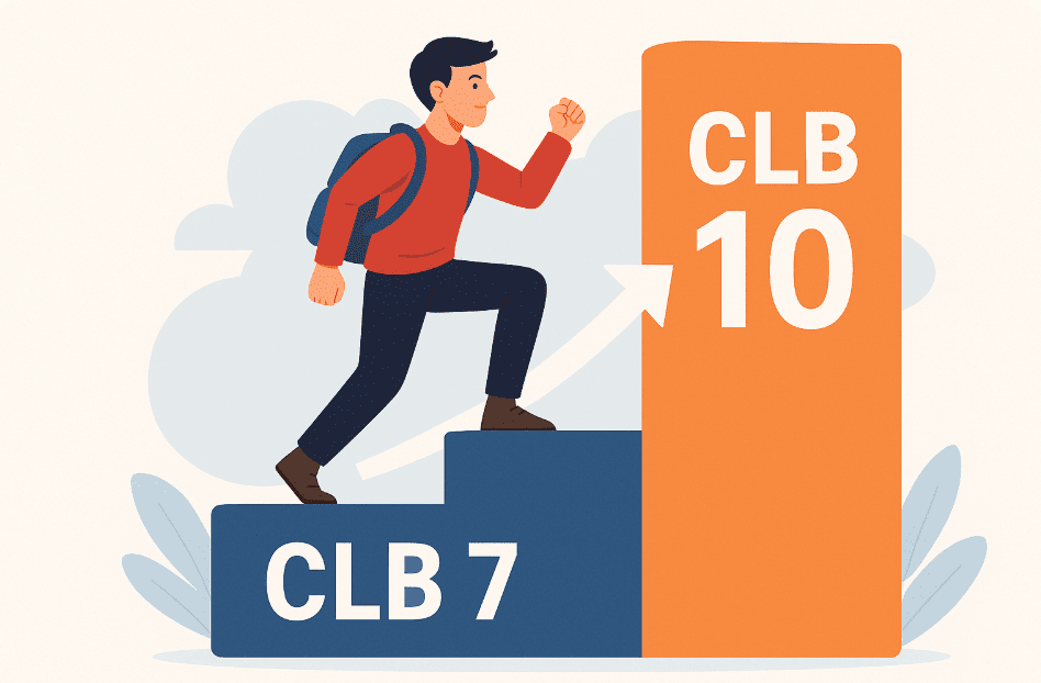 How to PTE Core: Student climbing from CLB 7 to CLB 10 with confidence—visually representing progress, motivation, and success in PTE Core preparation.