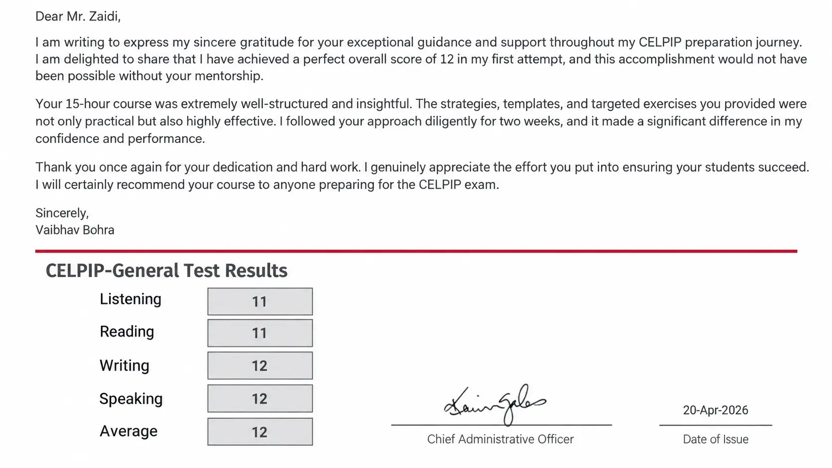 Student CELPIP result